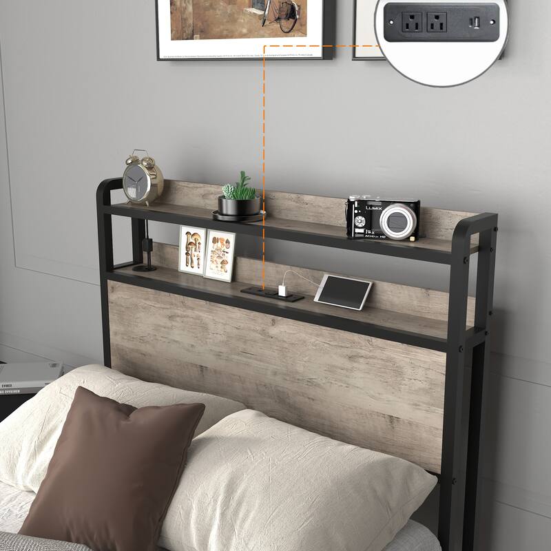 Twin Size Bed Frame with LED Headboard and Storage Shelves