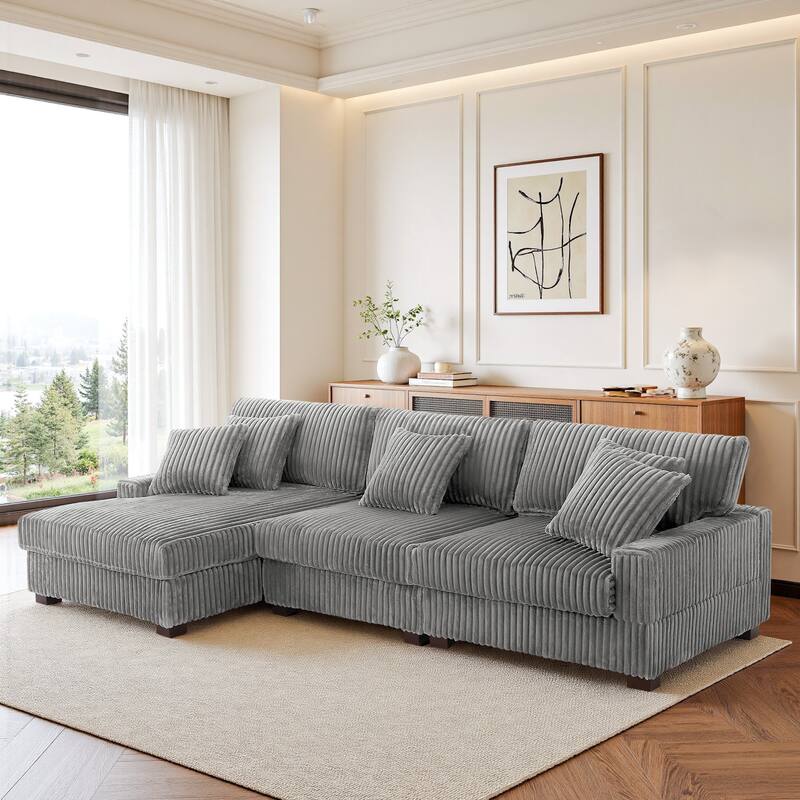 118.3" W Plush Corduroy Square Arm Upholstered Sectional Modular Sofa - Light Grey - Left Facing