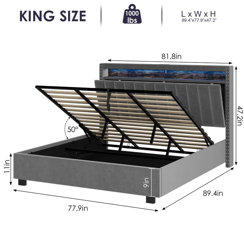 King Size Gas Lift Storage Bed with RF LED Lights, Storage Headboard