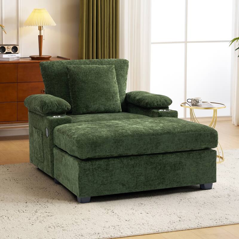 Modern Oversized Chair with Ottoman,Chenille Fabric Sofa Bed,Accent Chair Comfy Sofa with Cupholders and USB Charging Ports