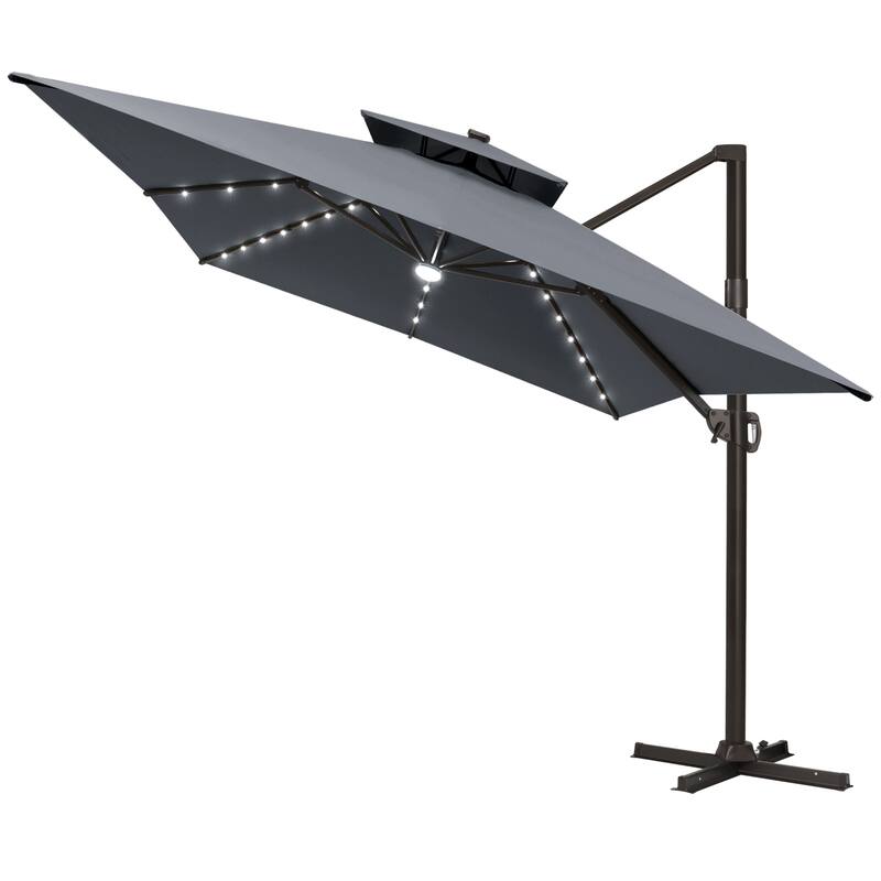 10 X 13 FT Outdoor Patio Cantilever Umbrella with Solar Lights Double Canopy 360 RotationTilt