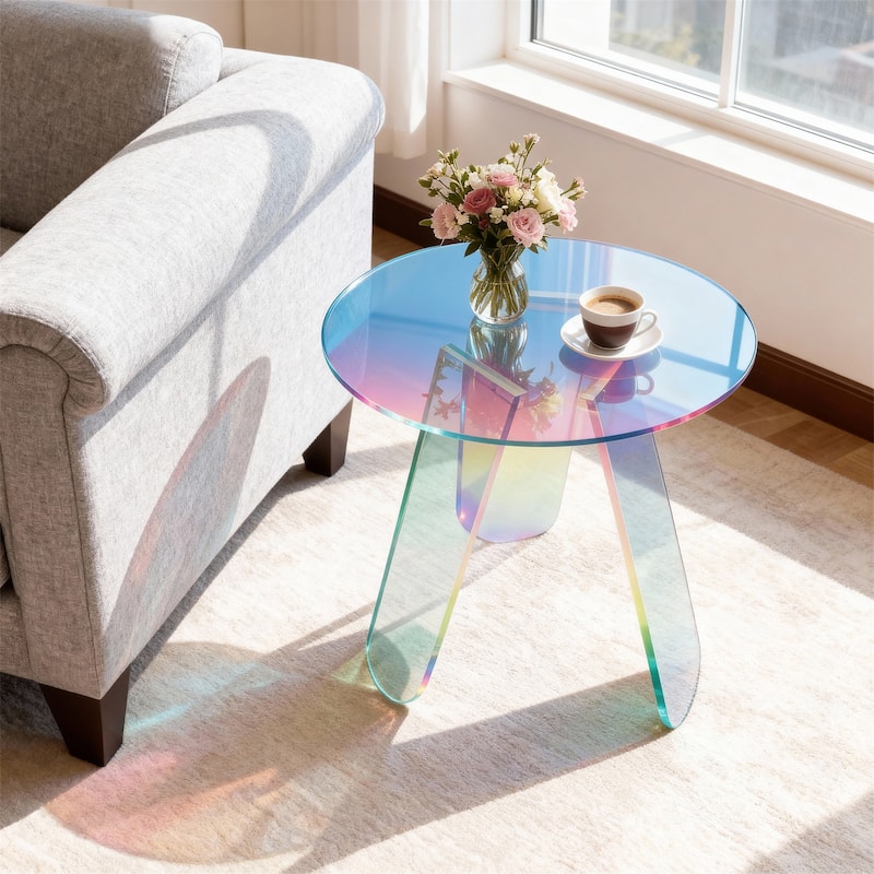 Acrylic Coffee Side Table Round Iridescent Rainbow End Table with PVC Table Cover
