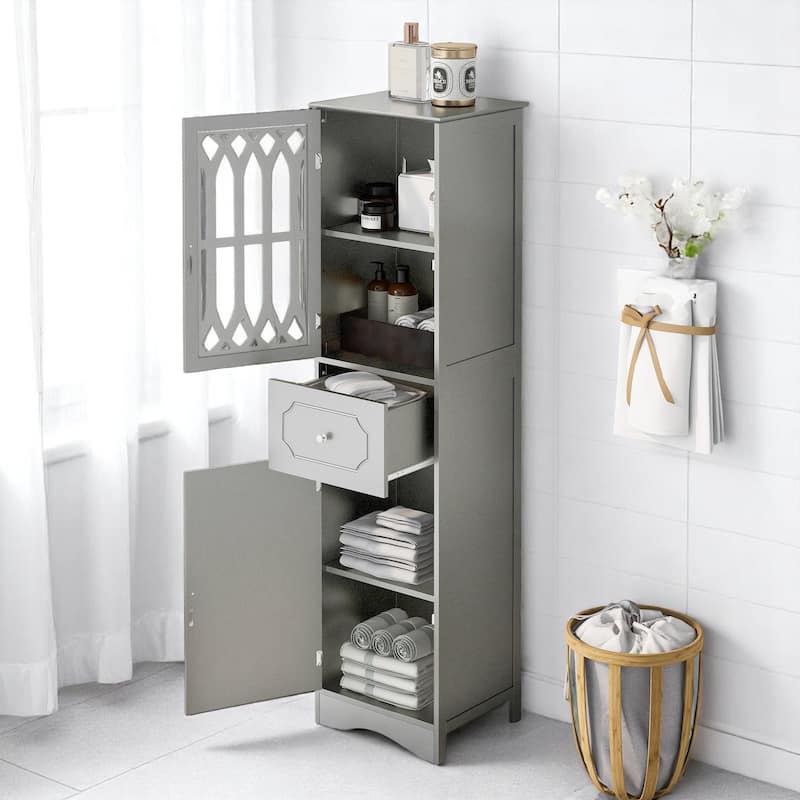 Freestanding Bathroom Storage Cabinet with 2 Doors and Drawer, Adjustable Shelf, Acrylic Panel, MDF Frame