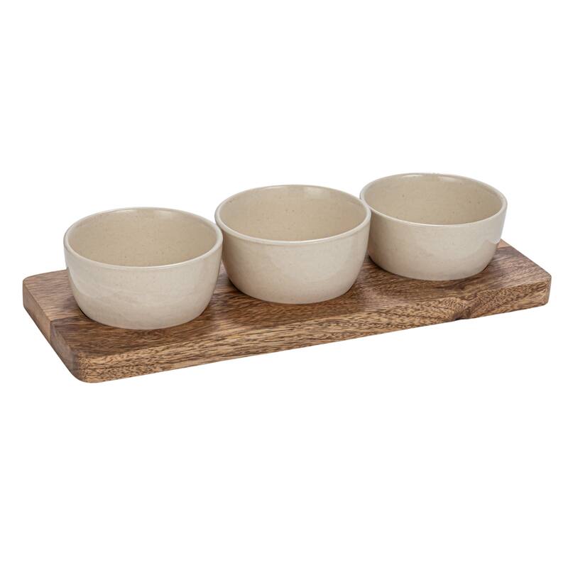 Stoneware Serving Dish with Mango Wood Base