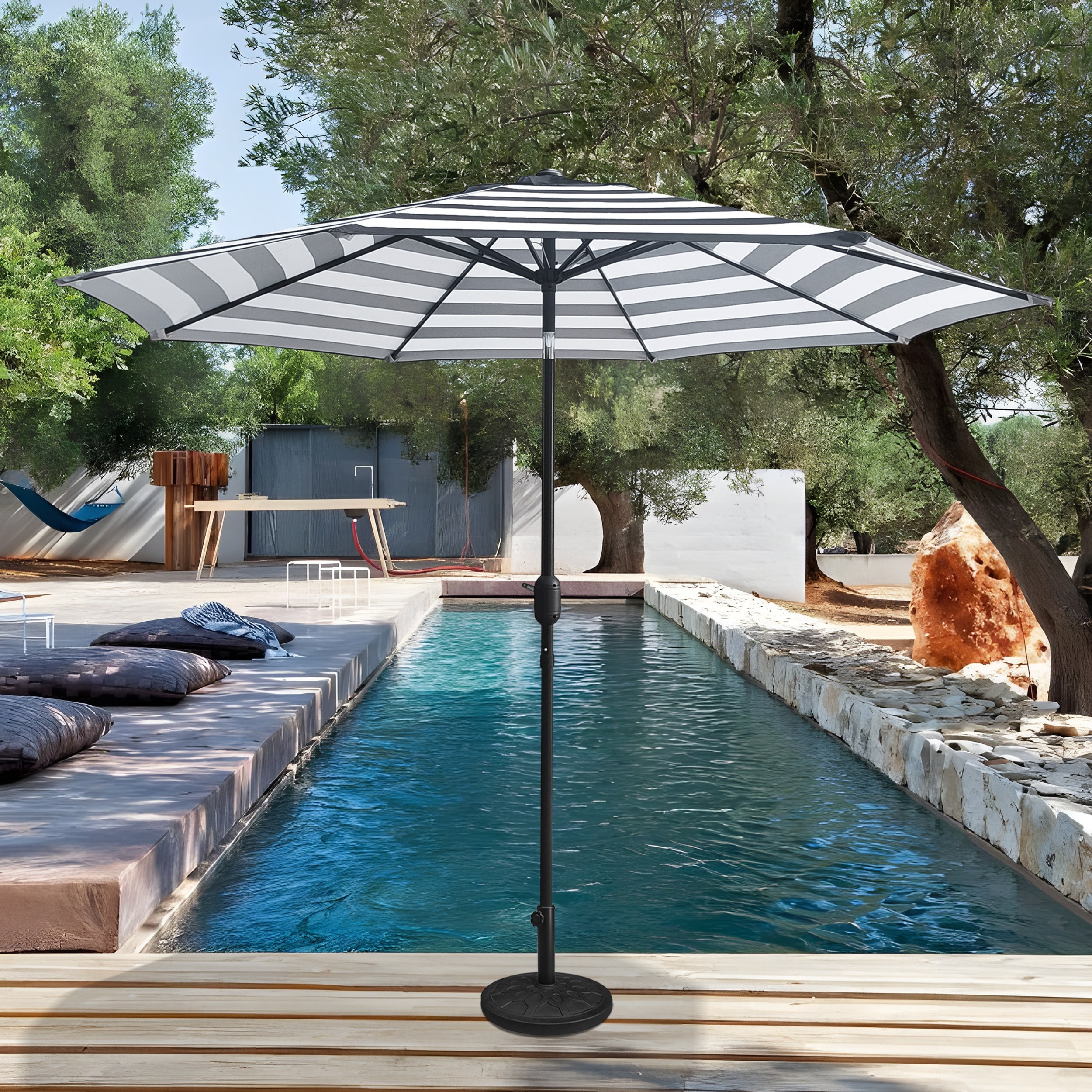 black 9ft patio umbrella CABANA 9 Ft with Round Base Weight Included, Black/White Stripe The canopy which is made of durable polyester fabrics is waterproof and UV resistant Abble 84" Black and White