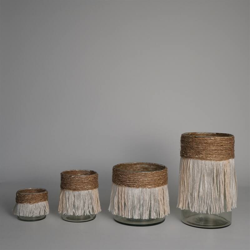 Votive Wrapped in Cream & Natural Fringe 5"x4"- A