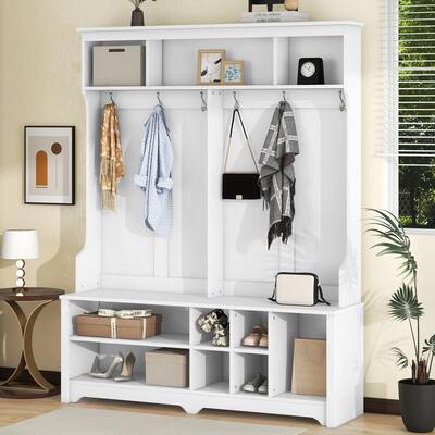 Modern hall tree with hooks, storage, and shoe cubbies