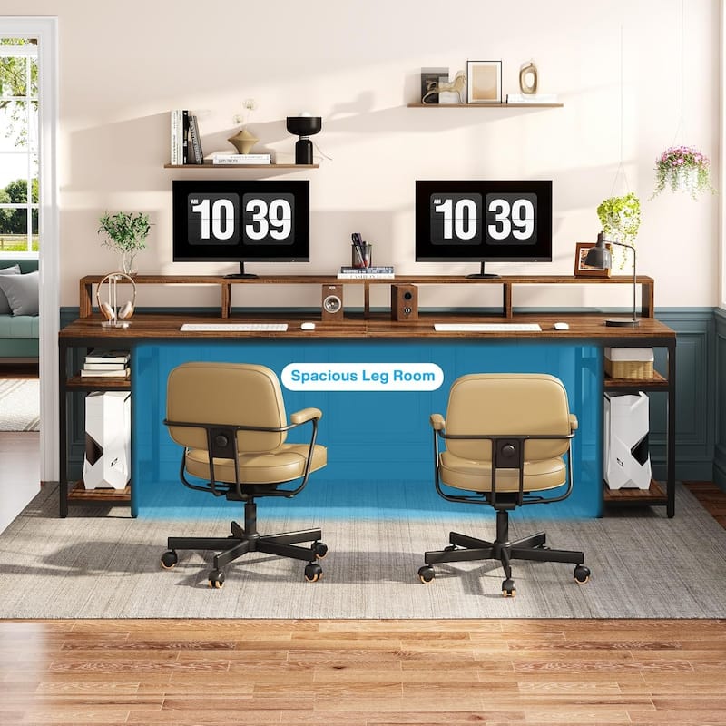 Two Person Desk with Monitor Stand,78.74"Long Double Computer Office Desk with Storage Shelves,Large Writing Table Workstation