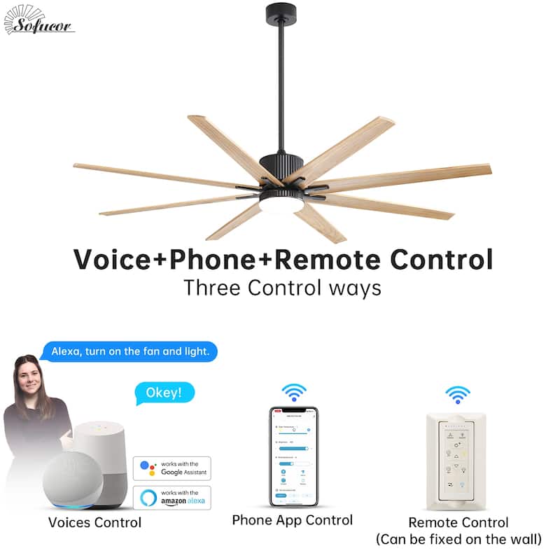 76 Inch Ceiling Fan with Light and Remote,8 Solid Wood Blades,Smart Control,Reversible Airflow - 76 inch - Black with Burlywood Blades