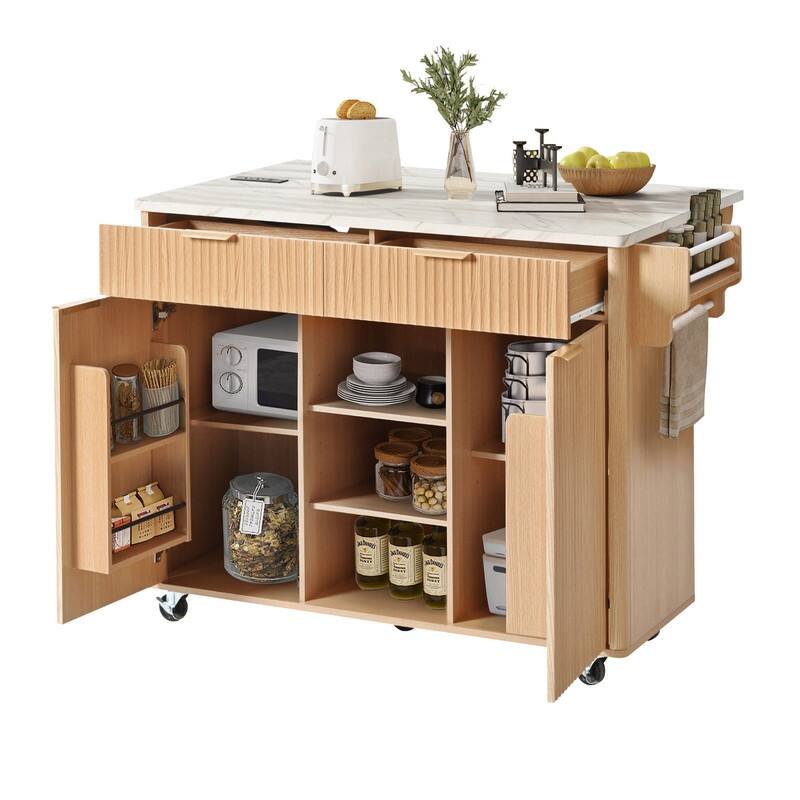 Fluted 52" Kitchen Island Cart with Drop Leaf, Power Outlet, Rolling Island Table with Adjustable Shelves for Versatile Storage