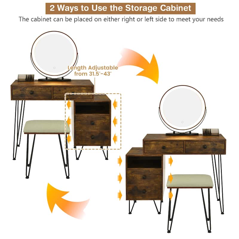 Costway Vanity Table Stool Set Dimmer LED Mirror Large Storage Cabinet - See details