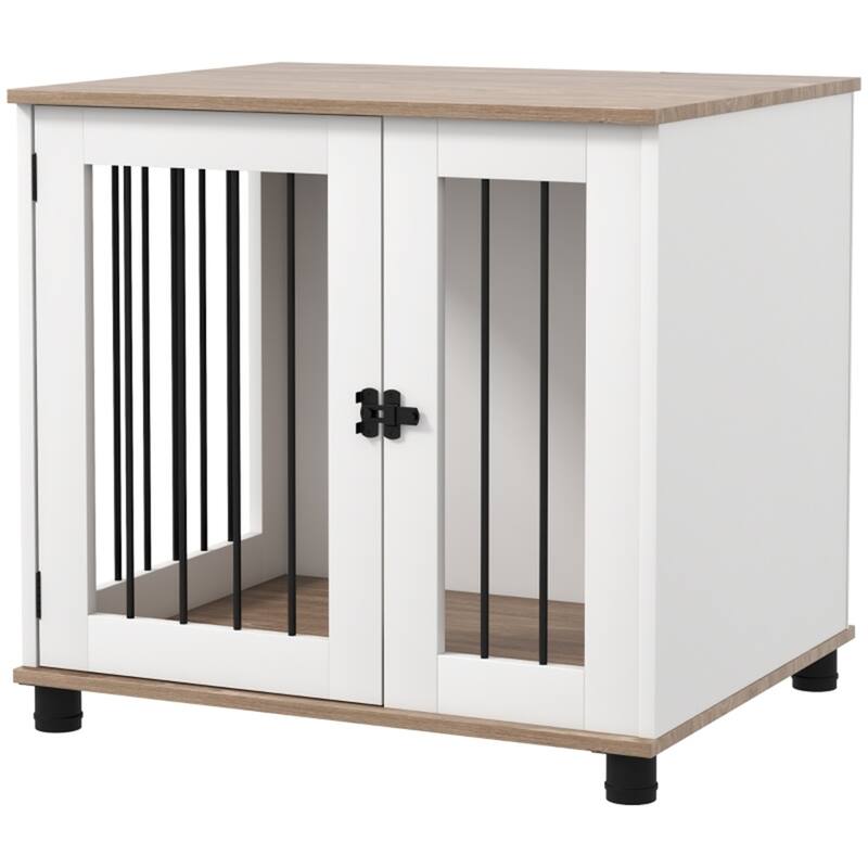 Walnut Brown and White Dog Crate with Front Door Adjustable Feet Woodgrain Finish Side Table Function - White