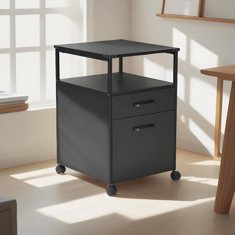JJS Mobile Wood File Cabinet Open Shelf Filing Storage & Printer Stand for Letter-Size Hanging Files, Home Office Organizer - Black