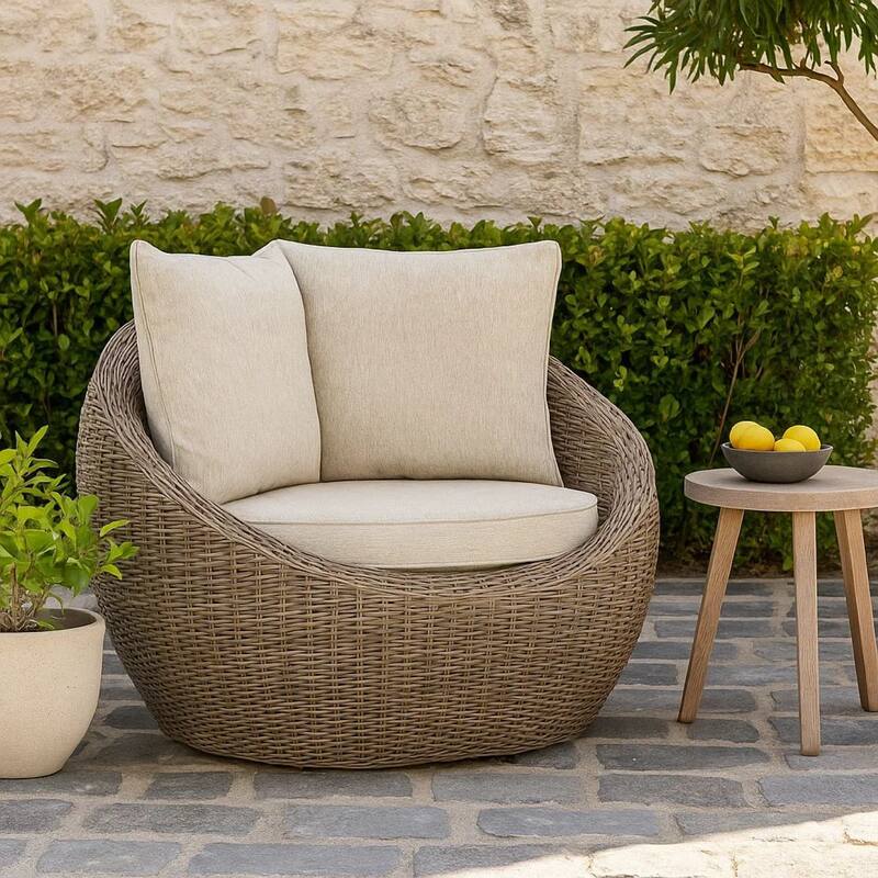 Swivel Outdoor Lounge Chair Set of 2, Beige Wicker, Nuvella Cushions