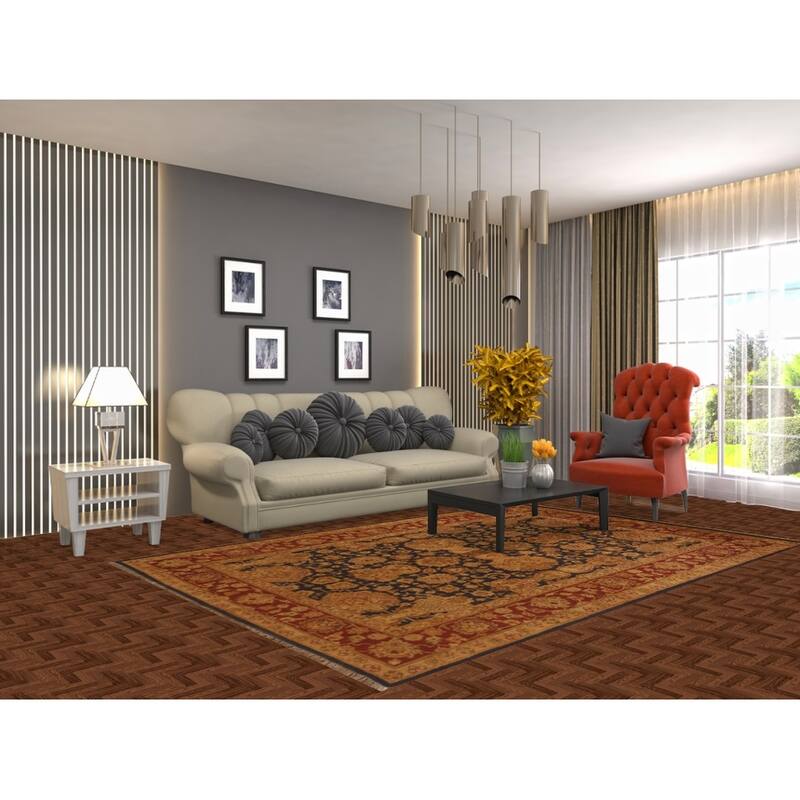 Navy Blue Floral Agra Oriental Area Rug Hand-Knotted Wool Carpet - 5'11" x 8'11"