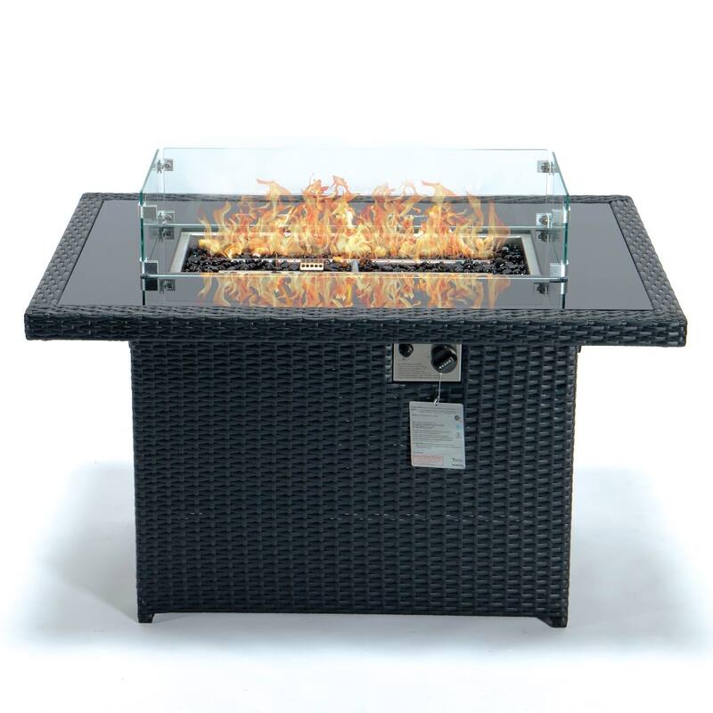 LeisureMod 44" Outdoor Fire Pit Table with 55,00 BTU - Rectangular Wicker Rattan Table for Lounge Porch Backyard Patio Decor - Black