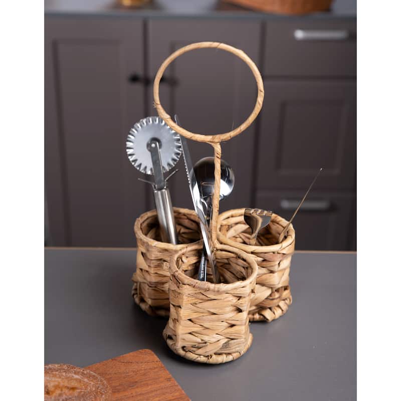 JoJo Fletcher Woven Natural Water Hyacinth Kitchen/Utensil Caddy - 3 Sections Tall Handle