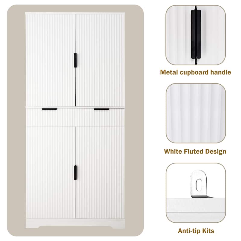 Fluted Kitchen Pantry Cabinet, Freestanding Sideboard Buffet Storage Cabinet with 3 Keyboard Drawers & 6 Door Shelves