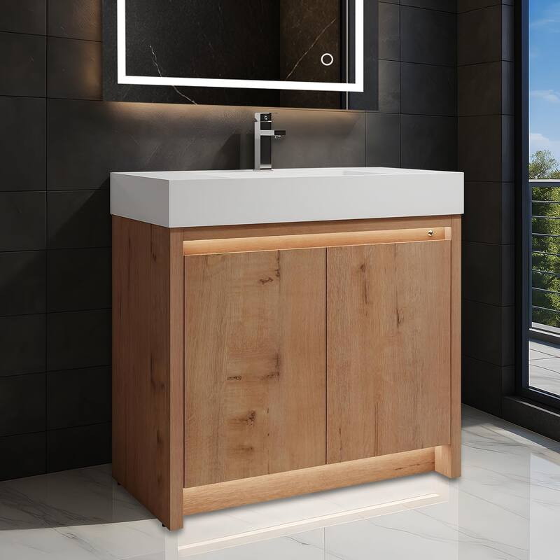 Blossom 48" All Wood Freestanding Bathroom Vanity with Acrylic Sink - 36" - Natural Finish - Classic Oak