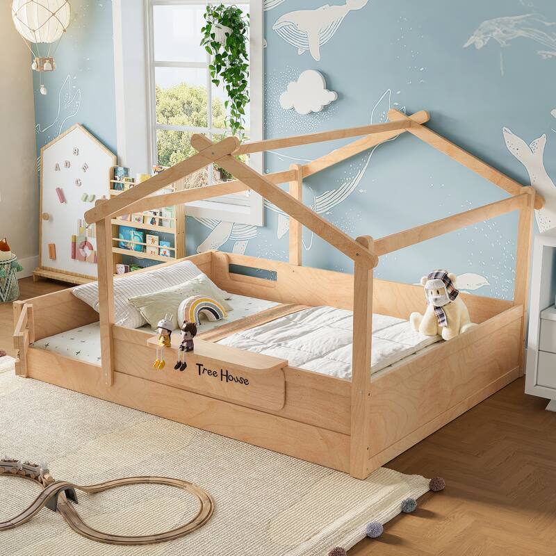 Queen Size Floor Bed with Guardrails and Roof, Kids House Floor Bed with a Small Built-in Tray and Free-installed Signboard