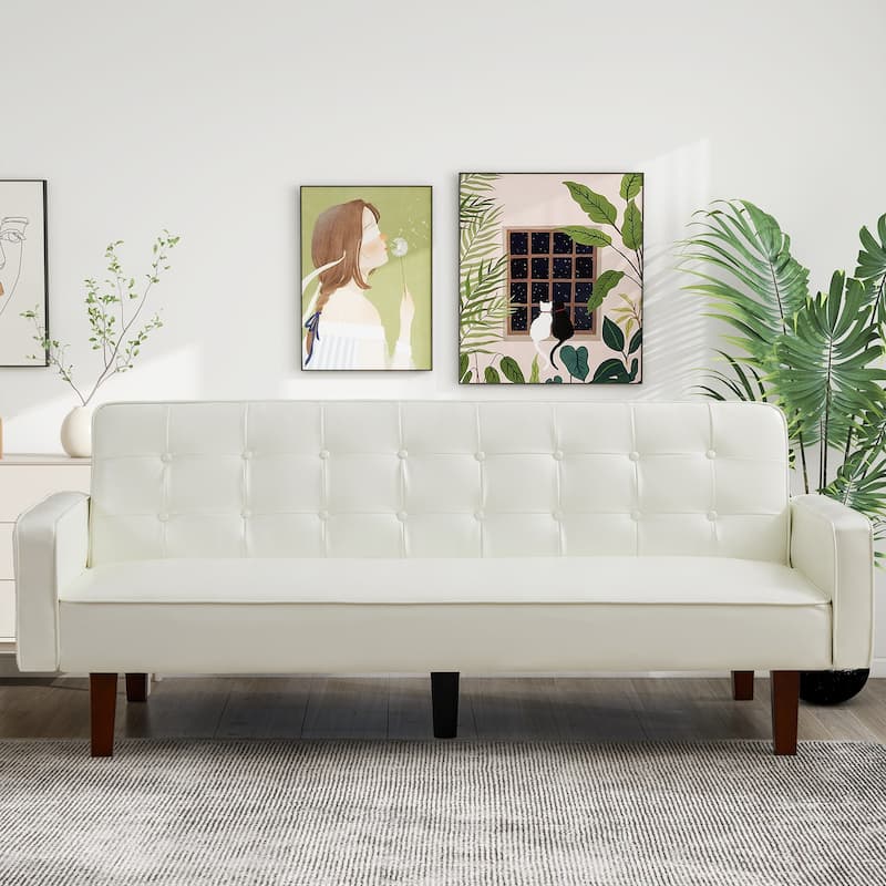 74.4” L Faux Leather Full Handcrafted Button Tufted Sofa 3-Seat, Convertible Sleeper Couch Adjustable Backrest - White