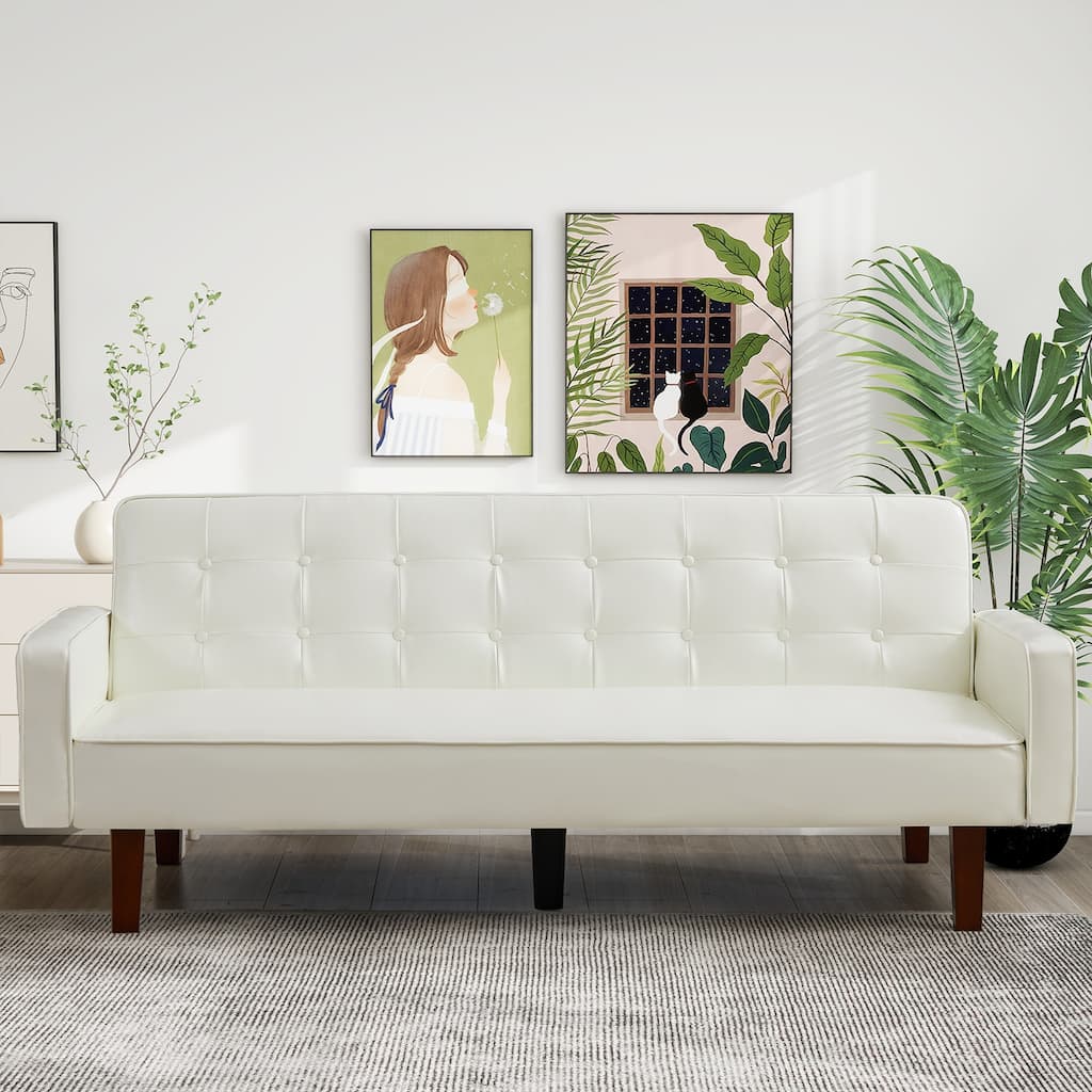 74.4” L Faux Leather Full Handcrafted Button Tufted Sofa 3-Seat, Convertible Sleeper Couch Adjustable Backrest