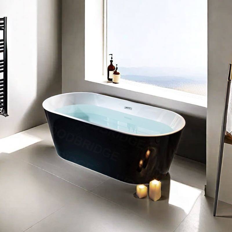 Stufurhome 67 In. Freestanding Acrylic FlatBottom Design Bathtub with Brushed Nickel Overflow and Drain Included in Black