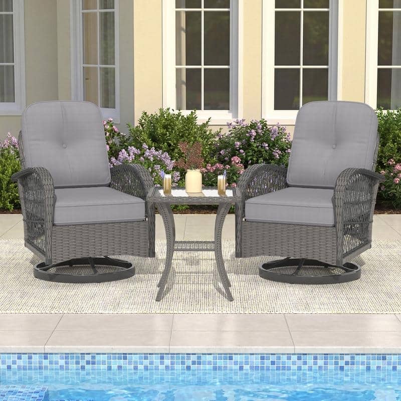 Outdoor Swivel Rocker Bistro Set - 3 Piece Wicker Patio Set with Swivel Rocking Chairs, Cushions, and Tempered Glass Side Table