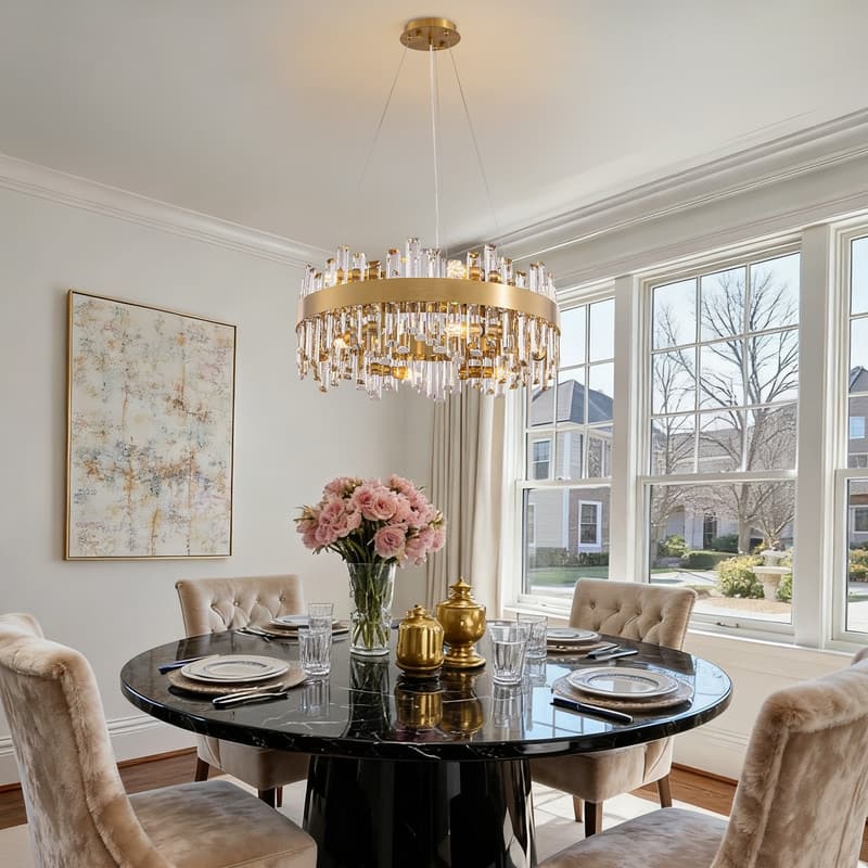 24 in. 2-Tier Modern Crystal Chandelier Brass Gold Round Crystal Raindrop Chandelier Contemporary Pendant Light for Dining Room