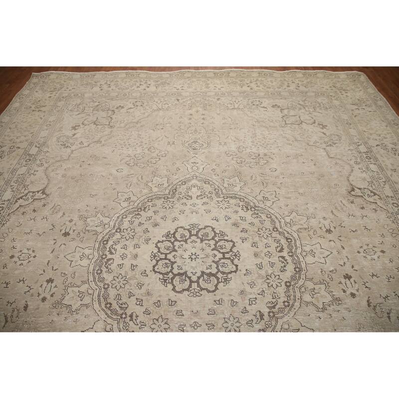 Hand Knotted Oriental 100% Wool Carpet Traditional Floral Beige & Ivories Tabriz Area Rug - 12' 4'' X 9' 10''