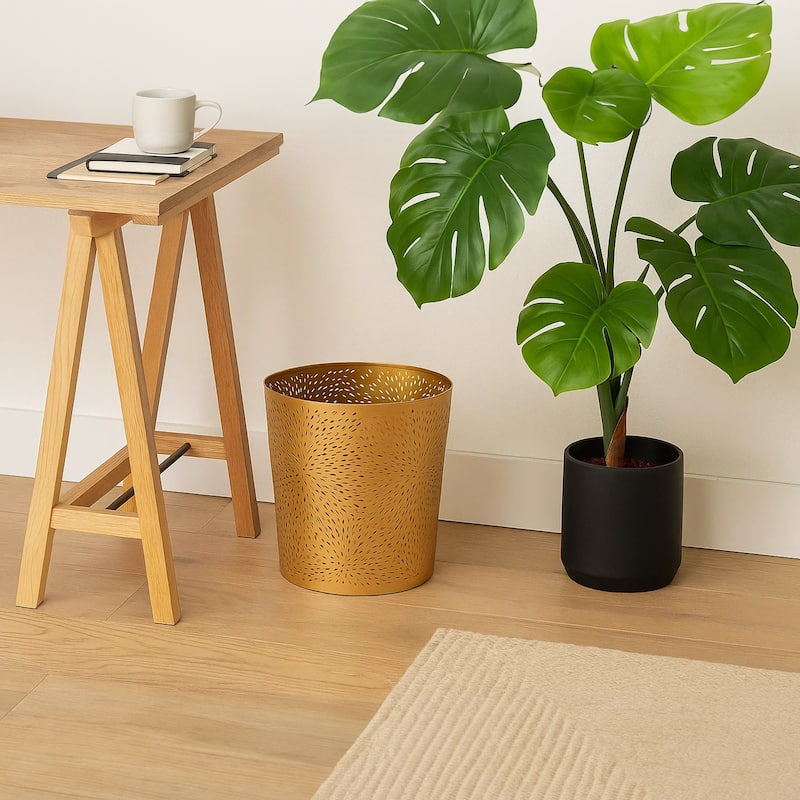 10" Decorative Iron Wastebasket Trash Can Matte Gold Leaf Etched Design - Gold
