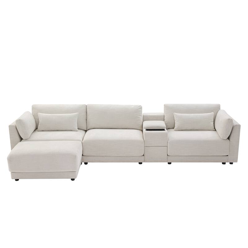 124'' L-Shaped Sectional Sofa Chenille Upholstered Cloud Couches with Multi-Functional Storage Console & Movable Ottoman