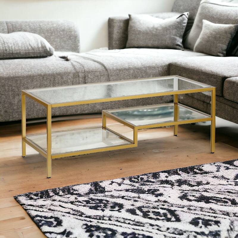 45" Contemporary Rectangular Glass Coffee Table with 2 Storage Shelves for Living Room - 45"L x 22"W x 17"H