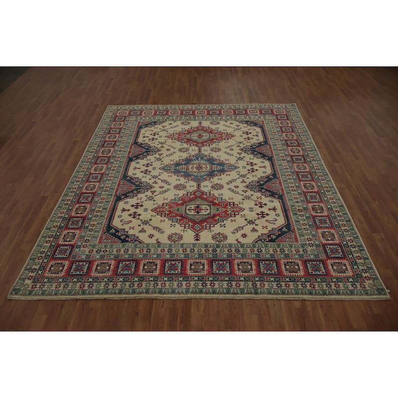 Hand Knotted Oriental 100% Wool Carpet Traditional Geometric Beige & Ivories Kazak Area Rug - 9' 10'' X 8' 4''