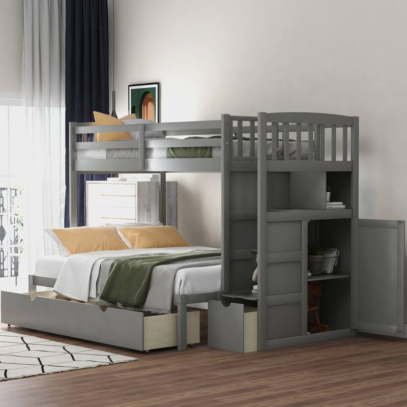 Twin Over Twin/Full Bunk Bed, Convertible Bottom Bed, Wood Bedframe