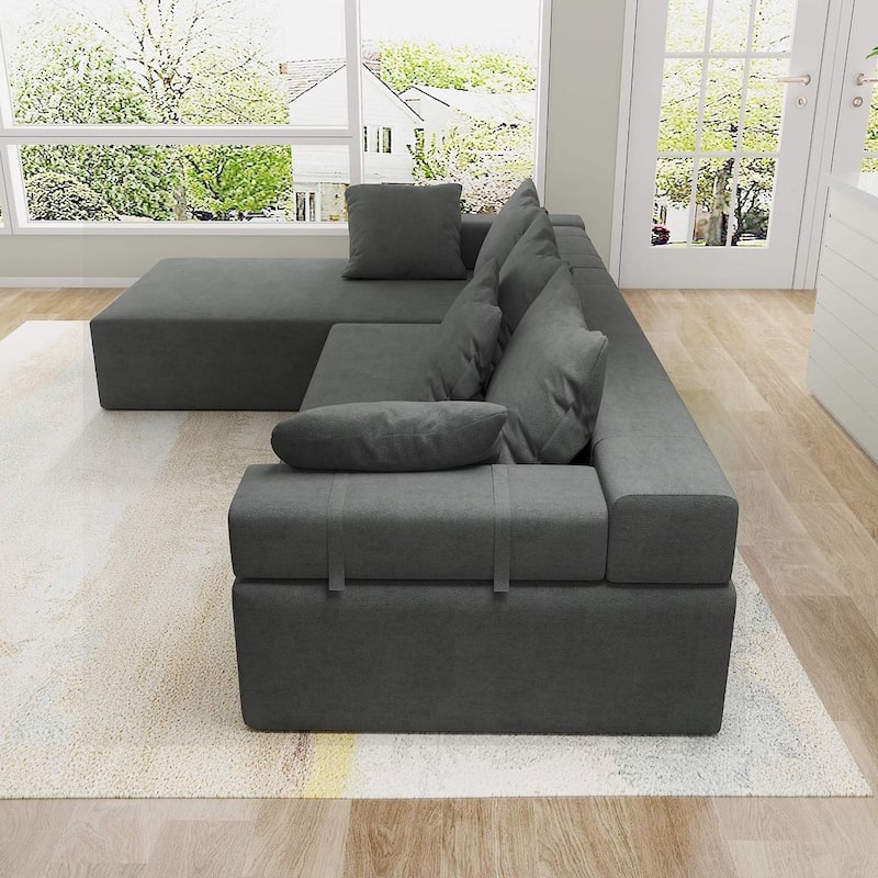 L-Shaped Chenille Sectional Sofa Modern Modular Cushion Back Couch Sofa With 6 Pillows for Living Room