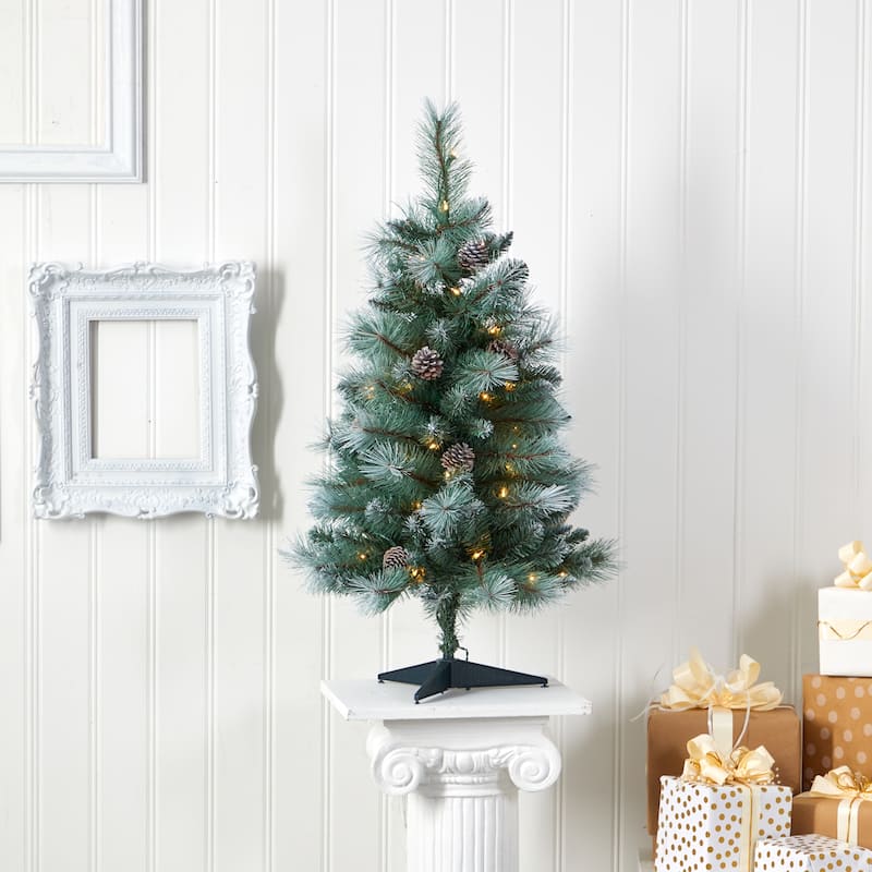 3’ Pre-Lit Frosted Tip Columbia Pine Artificial Christmas Tree, Clear LED Lights - 3 Foot