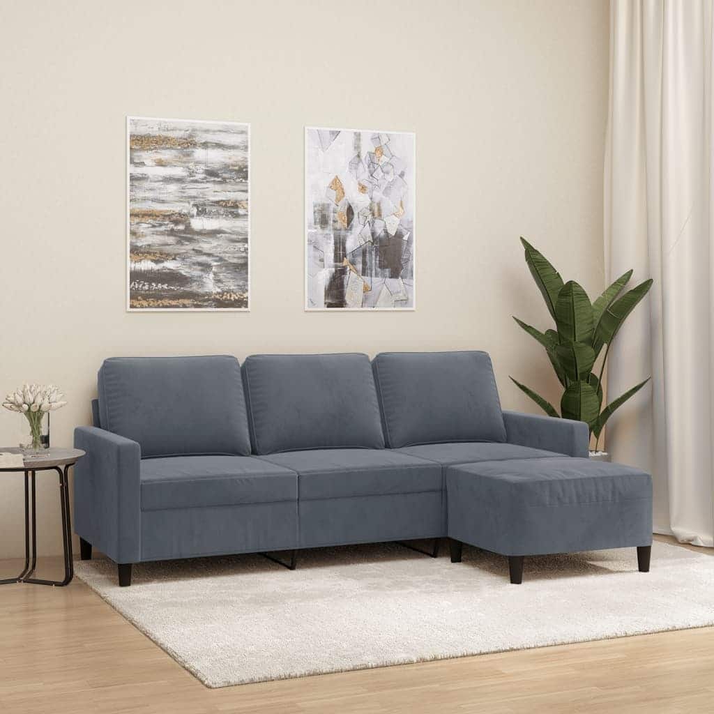 vidaXL 3-seater Sofa With Footstool Dark Grey Velvet, Plywood, Metal, Foam - 31.5 x 77.9 x 31.5 in