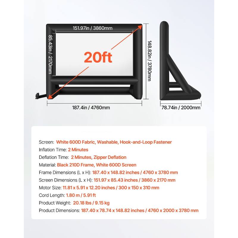 Inflatable Movie Screen, Inflatable Projector Screen with Portable Storage Bag, 16:9 Easy Set Up Movie Projection for