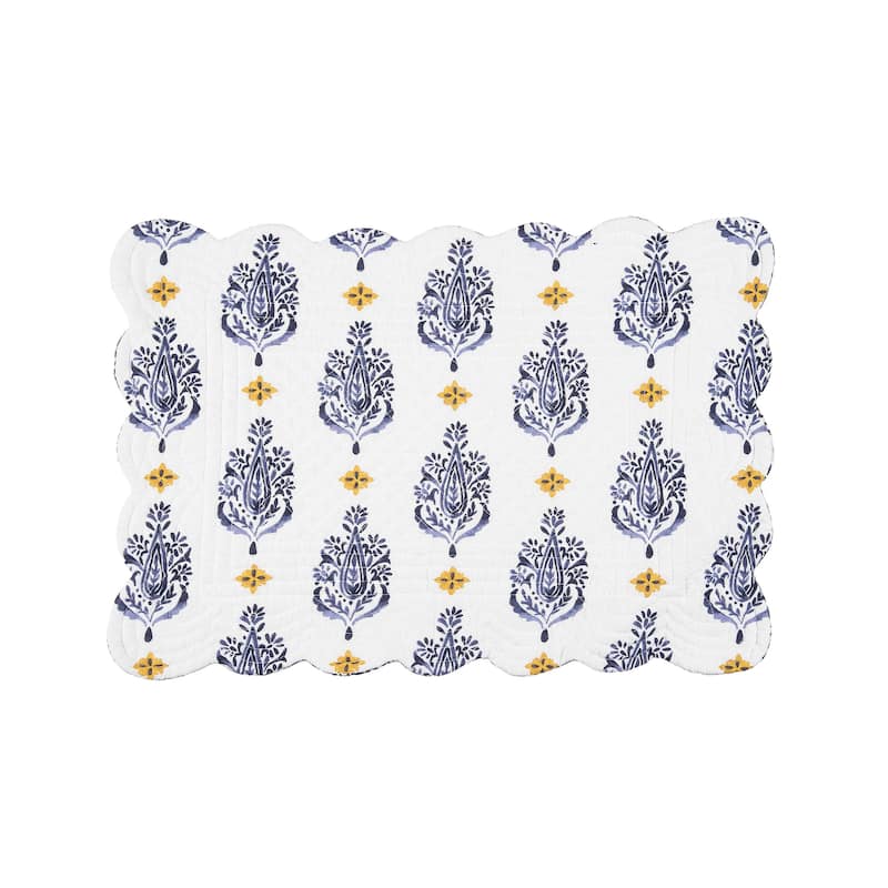 Serena Placemat Set of 6 Blue and Yellow Floral Pattern Cotton Reversible