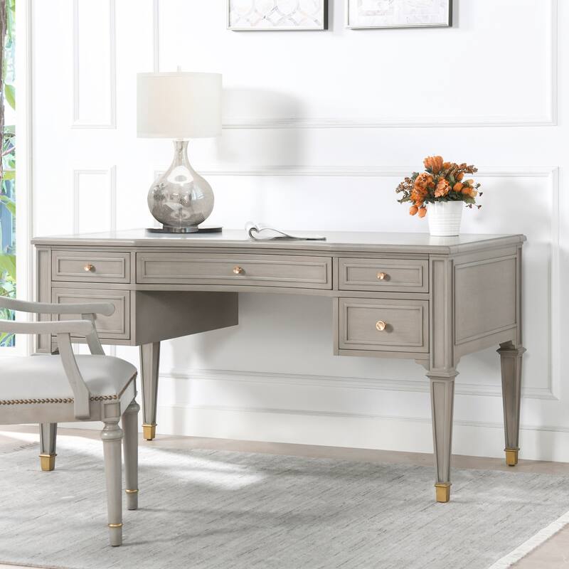 Dauphin 55" Solid Wood 5-Drawer Gold Accent Executive Desk