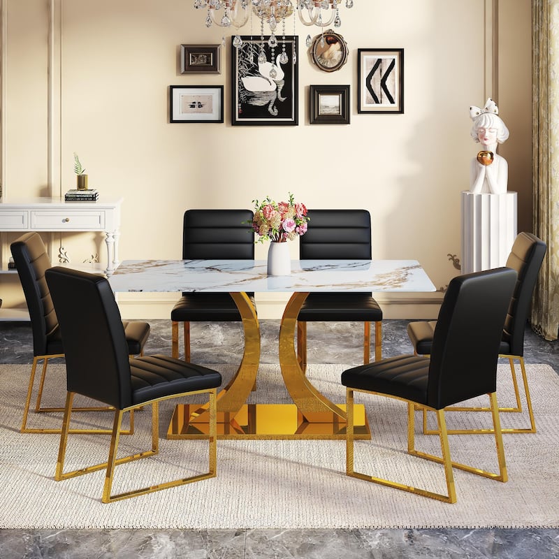 5-Piece Modern Tempered Glass Dining Table Set, 63-Inch Dining Table with 4 Minimalist Style Chairs