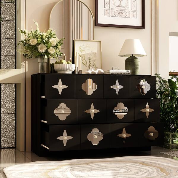 black dresser with crystal knobs 2-Piece Leventina Black 9-Drawer Upholstered 61 in. Dresser/Mirror and Frosted Glass Top main image 1