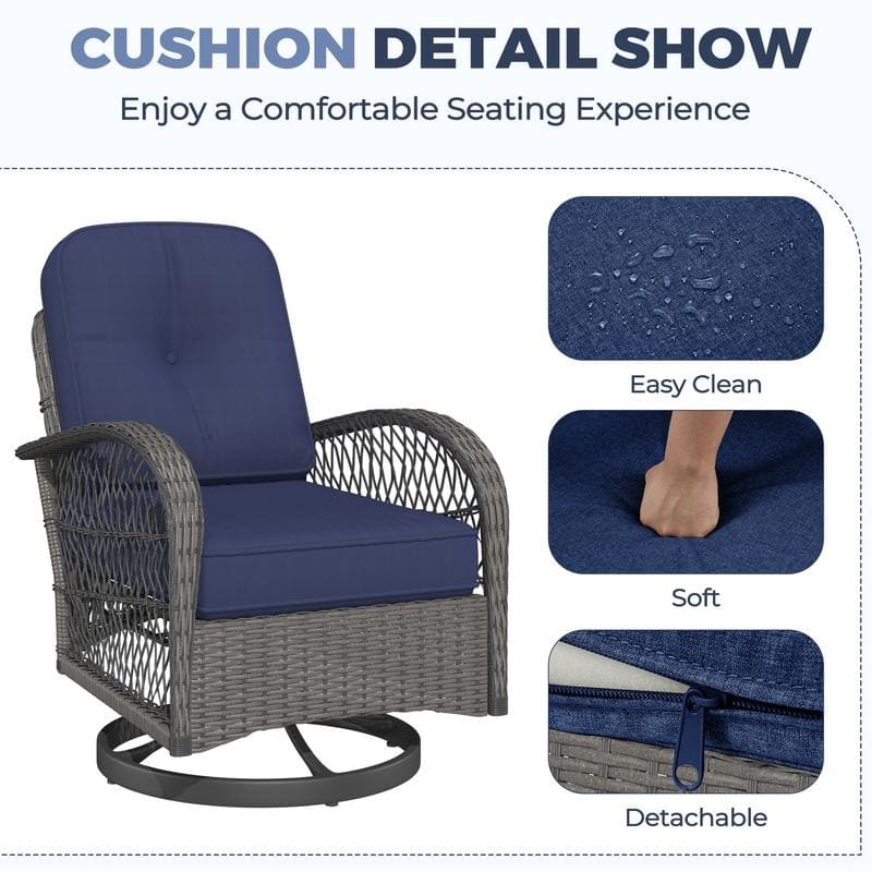 Outdoor Swivel Rocker Bistro Set - 3 Piece Wicker Patio Set with Swivel Rocking Chairs, Cushions, and Tempered Glass Side Table
