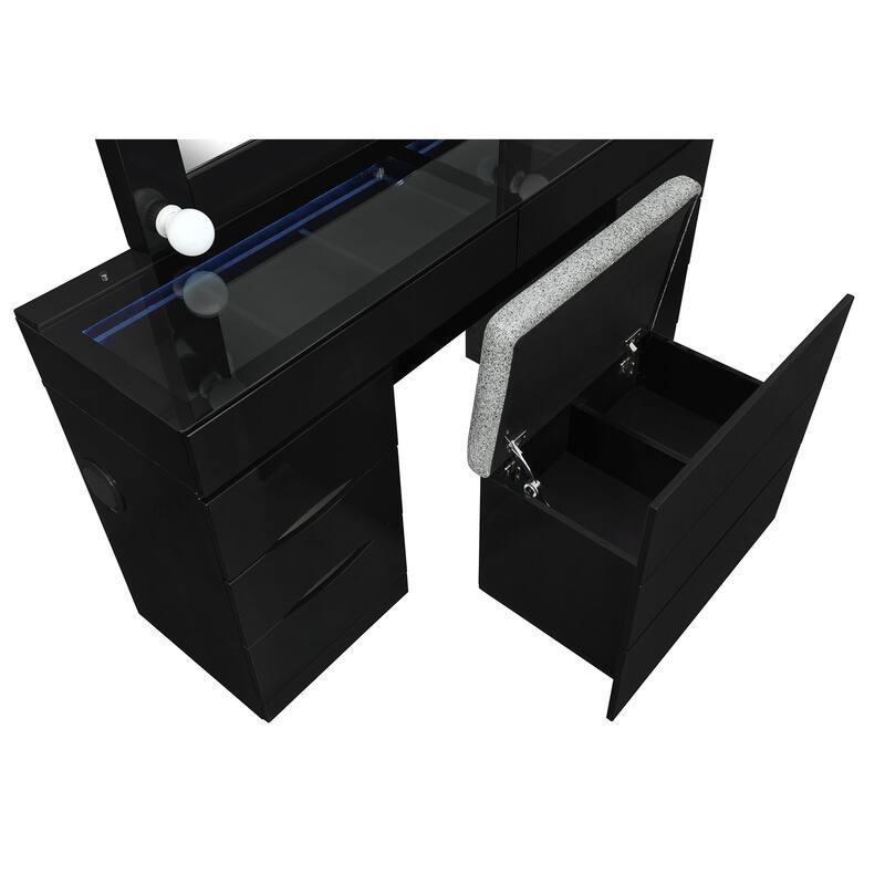 HomeRoots 62" Black Wood And Glass Six Drawer Vanity Table With Mirror Seating And Lights