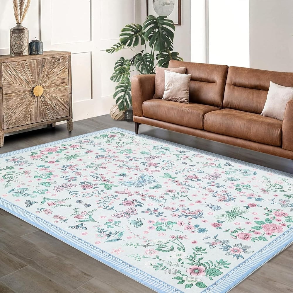 Modern Floral Machine Washable Indoor Waterproof Area Rug for Bedroom, Living Room, Blue - 2' x 3'