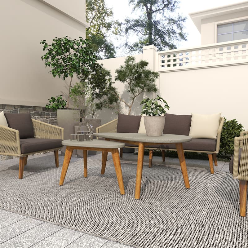 Gray Concrete Inspired Oval End Table Outdoor Accent Table with Brown Tapered Wood Legs