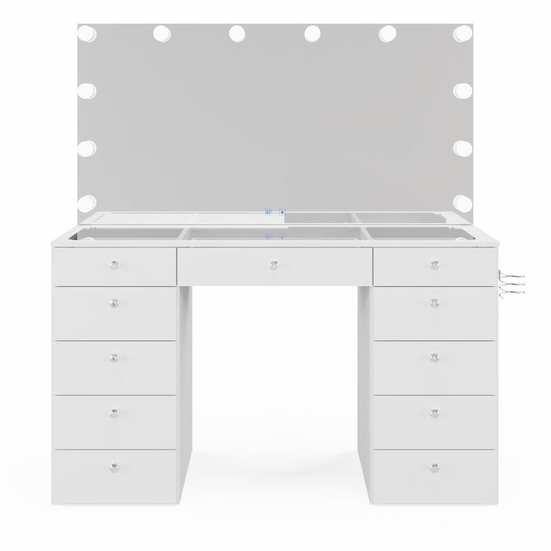 Boahaus Elle Makeup Vanity with Bluetooth Speaker, 12 Lights, and 11 Drawers