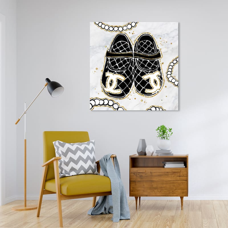 Wynwood Studio Prints Fashion and Glam Her First Shoes Black and Metallic Gold Modern & Contemporary Wall Art Canvas Print - 30 x 30