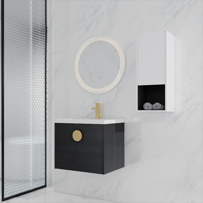 24" Wall-Mounted Bathroom Vanity With Ceramic Sink and Side Cabinet, Soft Close Doors, Combination Cabinet - Black Chestnut,White2